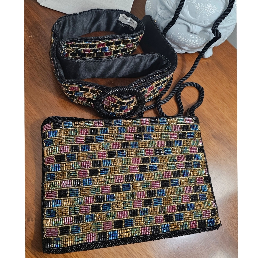 Vintage Lyrella Classic Elegant Black Multicolor Beaded Purse & Belt Set